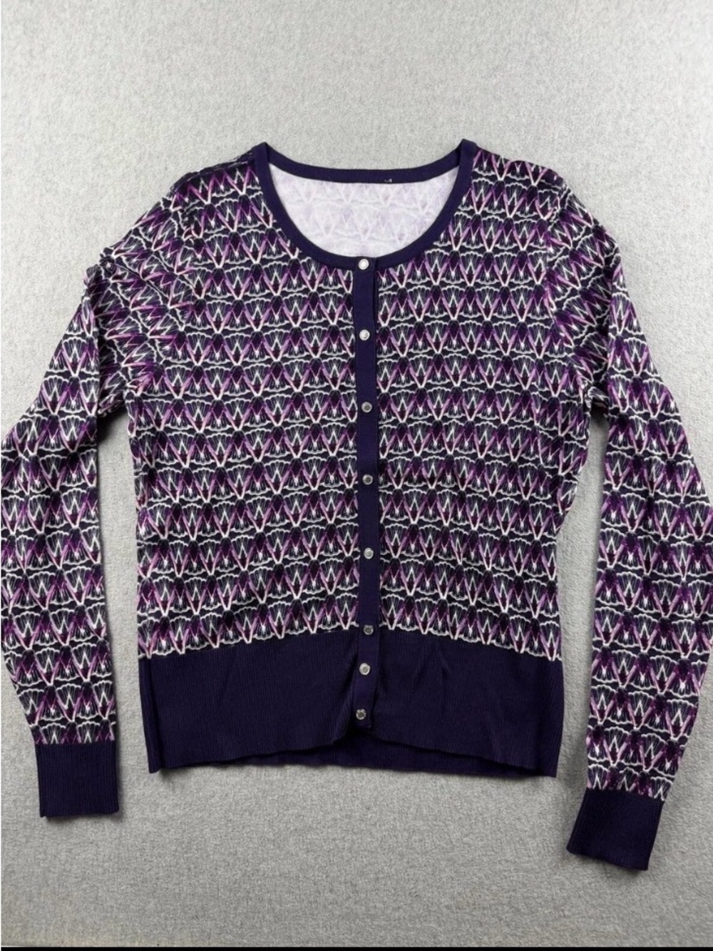 White House Black Market Purple Patterned Button-Front Women's Cardigan Sweater